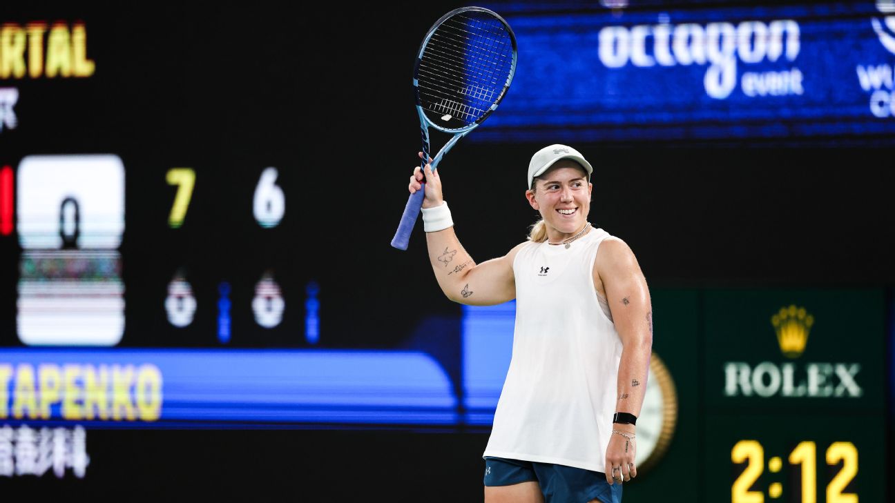 Sonay Kartal of the United Kingdom celebrates after win the game against Jelena Ostapenko of Latvia during the Ladies Singles Semi Final Match on day six of Wuhan Open
