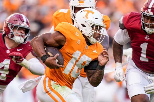 Tennessee running back DeSean Bishop rushed for 159 yards and two touchdowns on 32 carries in the Vols' 26-10 win over Alabama on Saturday. — Article image accompanying Alabama's CFP hopes in peril after being upset by Tennessee on WagerUp Sports News. Tennessee running back DeSean Bishop rushed for 159 yards and two touchdowns on 32 carries in the Vols' 26-10 win over Alabama on Saturday. — Article image accompanying Alabama's CFP hopes in peril after being upset by Tennessee on WagerUp Sports News.