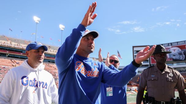 Head coach Jon Sumrall of the Florida Gators celebrates after defeating the Texas Longhorns at Darrell K Royal-Texas Memorial Stadium on October 17, 2026 in Austin, Texas. — Article image accompanying Jon Sumrall, Auburn top trolls from Week 7 in college football on WagerUp Sports News.