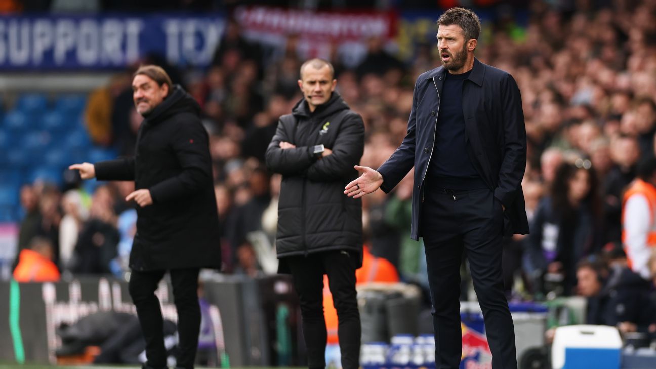 Michael Carrick, Manager of Manchester United, reacts from the touchline during the Premier League 2026/27 match between Leeds United and Manchester United at Elland Road