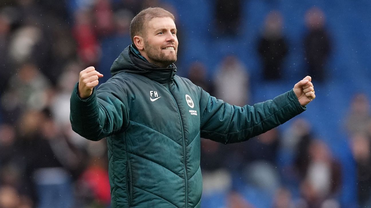 Fabian Hürzeler celebrates after Brighton's victory over Crystal Palace.