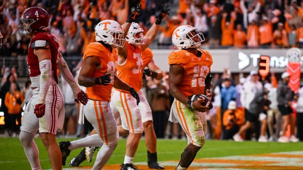 Tennessee running back DeSean Bishop celebrates a touchdown against Alabama. — Article image accompanying 2026-27 Week 7 College Football Playoff, bowl projections on WagerUp Sports News. Tennessee running back DeSean Bishop celebrates a touchdown against Alabama. — Article image accompanying 2026-27 Week 7 College Football Playoff, bowl projections on WagerUp Sports News.
