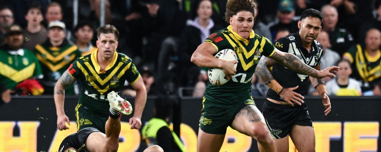 Australia's Reece Walsh makes a break against New Zealand. — Article image accompanying RLWC: What we learned from the opening round on WagerUp Sports News. Australia's Reece Walsh makes a break against New Zealand. — Article image accompanying RLWC: What we learned from the opening round on WagerUp Sports News.