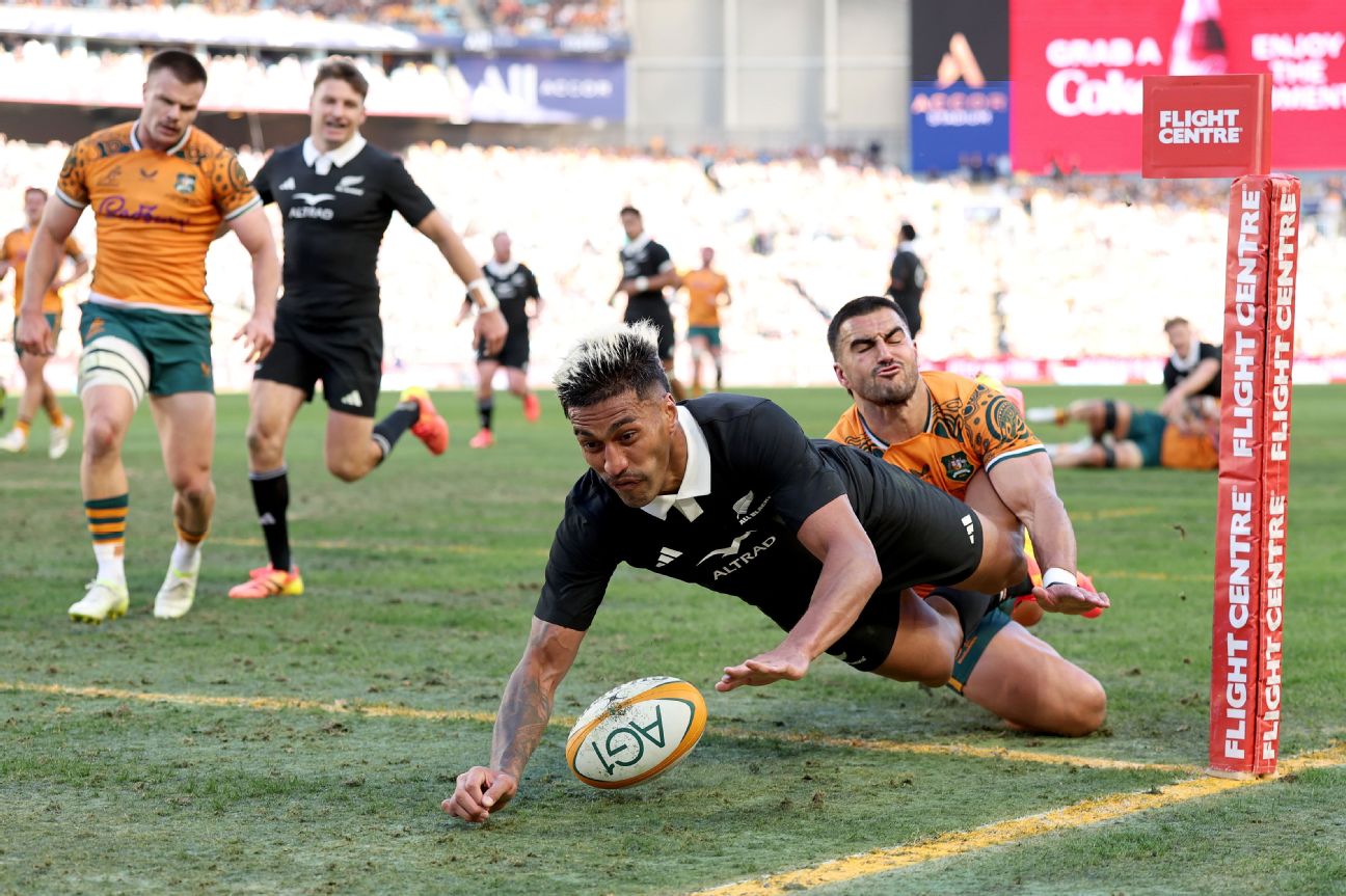 Rieko Ioane scored New Zealand's fourth try of their first-half blitz in Bledisloe II — Article image accompanying Bledisloe rethink: Wallabies can't beat the All Blacks at their own game on WagerUp Sports News. Rieko Ioane scored New Zealand's fourth try of their first-half blitz in Bledisloe II — Article image accompanying Bledisloe rethink: Wallabies can't beat the All Blacks at their own game on WagerUp Sports News.