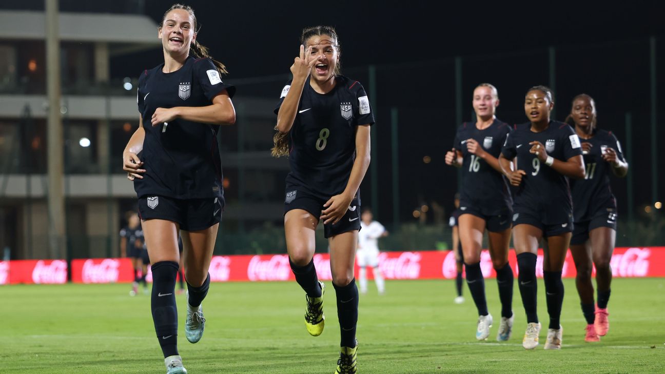 Maddie DiMaria and Loradana Paletta celebrate after scoring one of the 17 goals for the U.S. U-17 women's national team in a record-breaking performance. — Article image accompanying USWNT under-17 sets World Cup record with 17-0 win over Samoa on WagerUp Sports News. Maddie DiMaria and Loradana Paletta celebrate after scoring one of the 17 goals for the U.S. U-17 women's national team in a record-breaking performance. — Article image accompanying USWNT under-17 sets World Cup record with 17-0 win over Samoa on WagerUp Sports News.