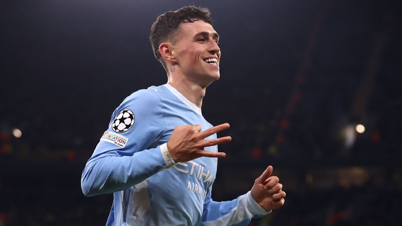 Phil Foden celebrates completing his hat trick in Manchester City's win over AEK Athens. — Article image accompanying Phil Foden: Still 'long way' from my best despite hat trick in Man City rout on WagerUp Sports News. Phil Foden celebrates completing his hat trick in Manchester City's win over AEK Athens. — Article image accompanying Phil Foden: Still 'long way' from my best despite hat trick in Man City rout on WagerUp Sports News.