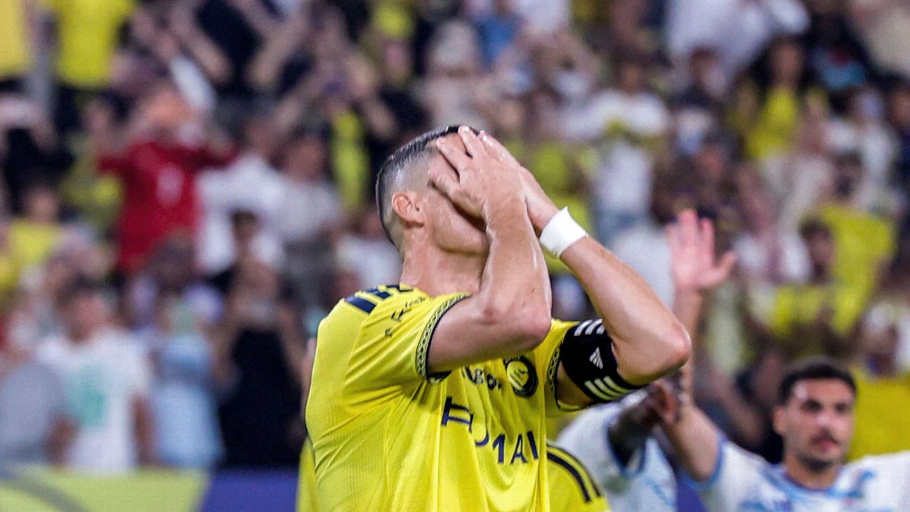 Cristiano Ronaldo reacts after his missed penalty in Al Nassr's win over Neom SC. — Article image accompanying Cristiano Ronaldo misses penalty for Al Nassr in 1st game since Portugal suspension on WagerUp Sports News. Cristiano Ronaldo reacts after his missed penalty in Al Nassr's win over Neom SC. — Article image accompanying Cristiano Ronaldo misses penalty for Al Nassr in 1st game since Portugal suspension on WagerUp Sports News.