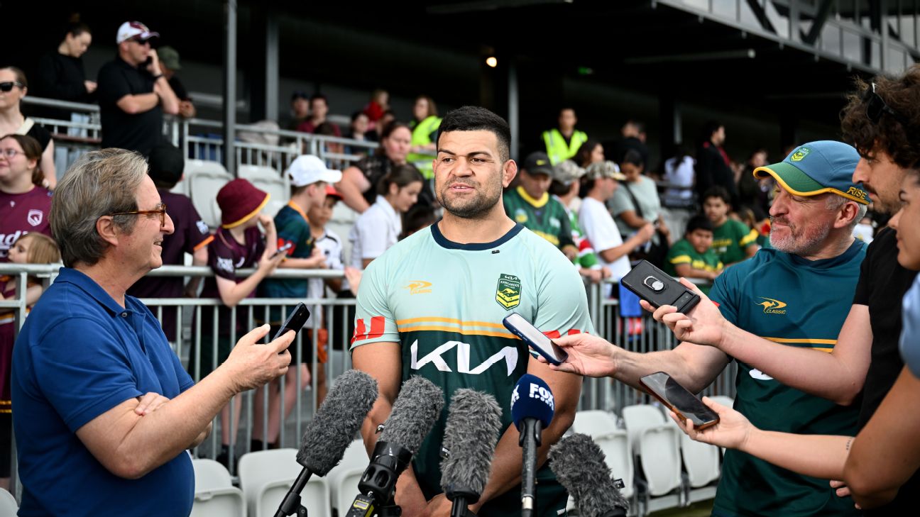 David Fifita speaks to the media ahead of his Australia debut. — Article image accompanying David Fifita beats 'very hard times' to make Australia debut on WagerUp Sports News. David Fifita speaks to the media ahead of his Australia debut. — Article image accompanying David Fifita beats 'very hard times' to make Australia debut on WagerUp Sports News.