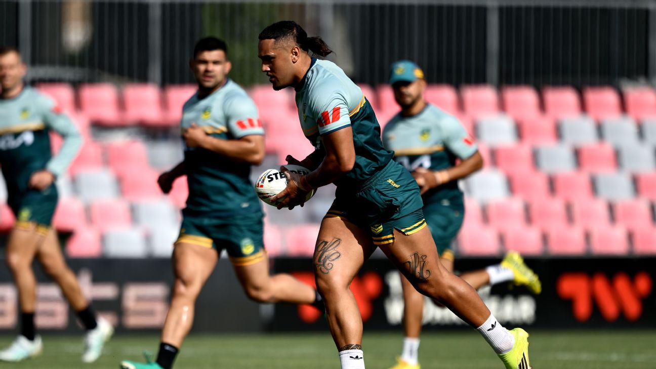Keaon Koloamatangi during an Australia Kangaroos training session — Article image accompanying 'No regrets': why Kangaroos prop made switch from Tonga on WagerUp Sports News.