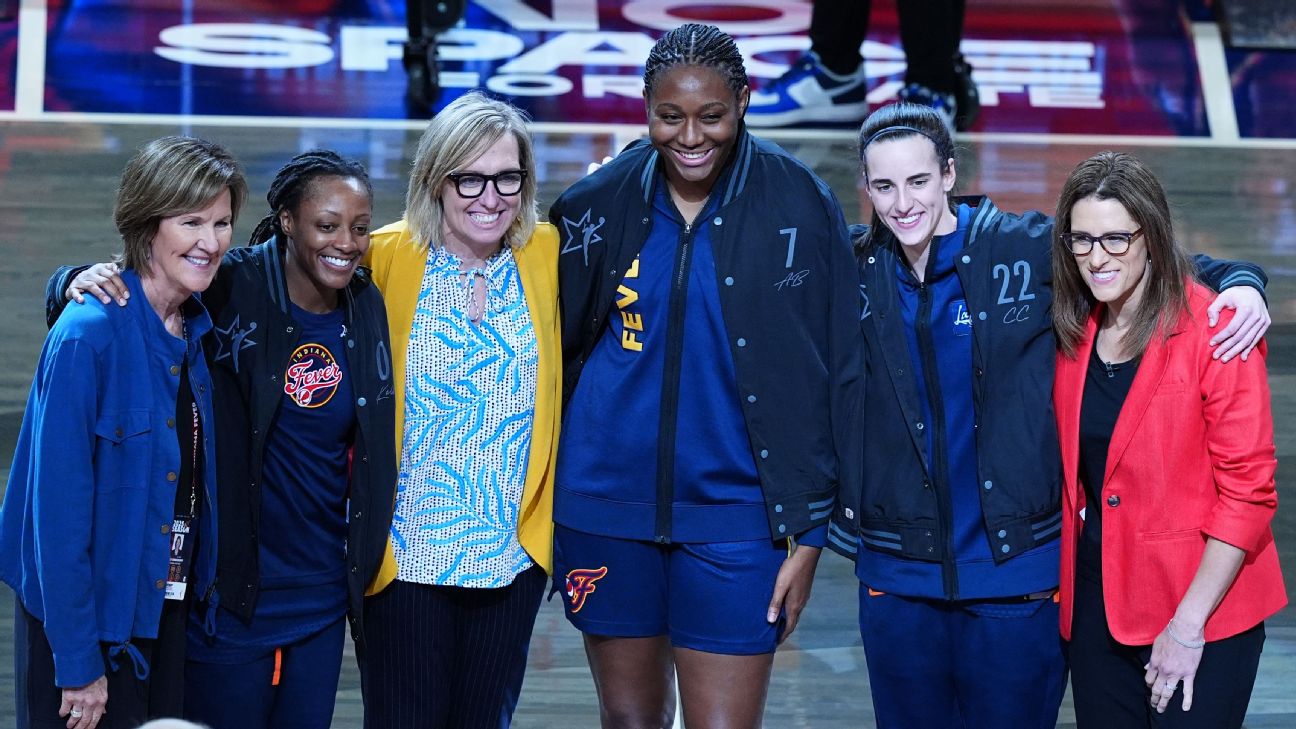 The faces of the Fever posed together when Indiana hosted the 2025 All-Star Game, with (from left to right) then-president Kelly Krauskopf, Kelsey Mitchell, then-GM Amber Cox, Aliyah Boston, Caitlin Clark and coach Stephanie White.