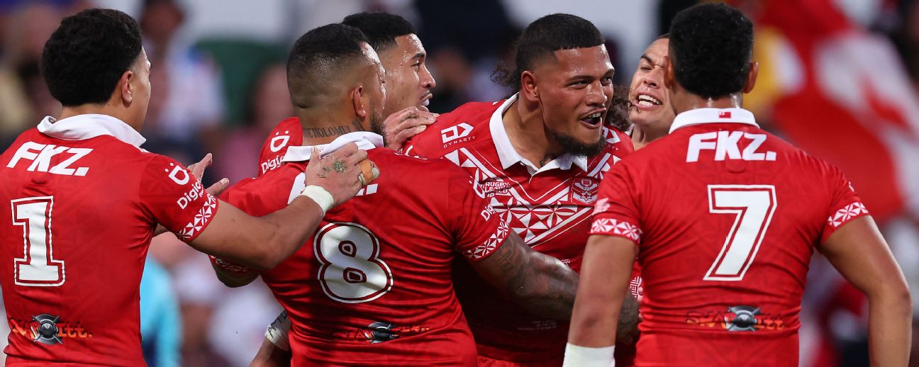 Demetric Vaimauga of Tonga celebrates a try against England. — Article image accompanying 'Bigger than a final': Tonga set for Samoa blockbuster on WagerUp Sports News. Demetric Vaimauga of Tonga celebrates a try against England. — Article image accompanying 'Bigger than a final': Tonga set for Samoa blockbuster on WagerUp Sports News.