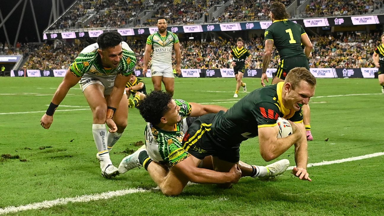 Tom Trbojevic of Australia scores a try — Article image accompanying Walsh stars in big Kangaroos win to put claim on No.1 on WagerUp Sports News. Tom Trbojevic of Australia scores a try — Article image accompanying Walsh stars in big Kangaroos win to put claim on No.1 on WagerUp Sports News.